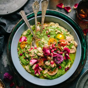 Fava hummus, pea'comole, seasonal flourish